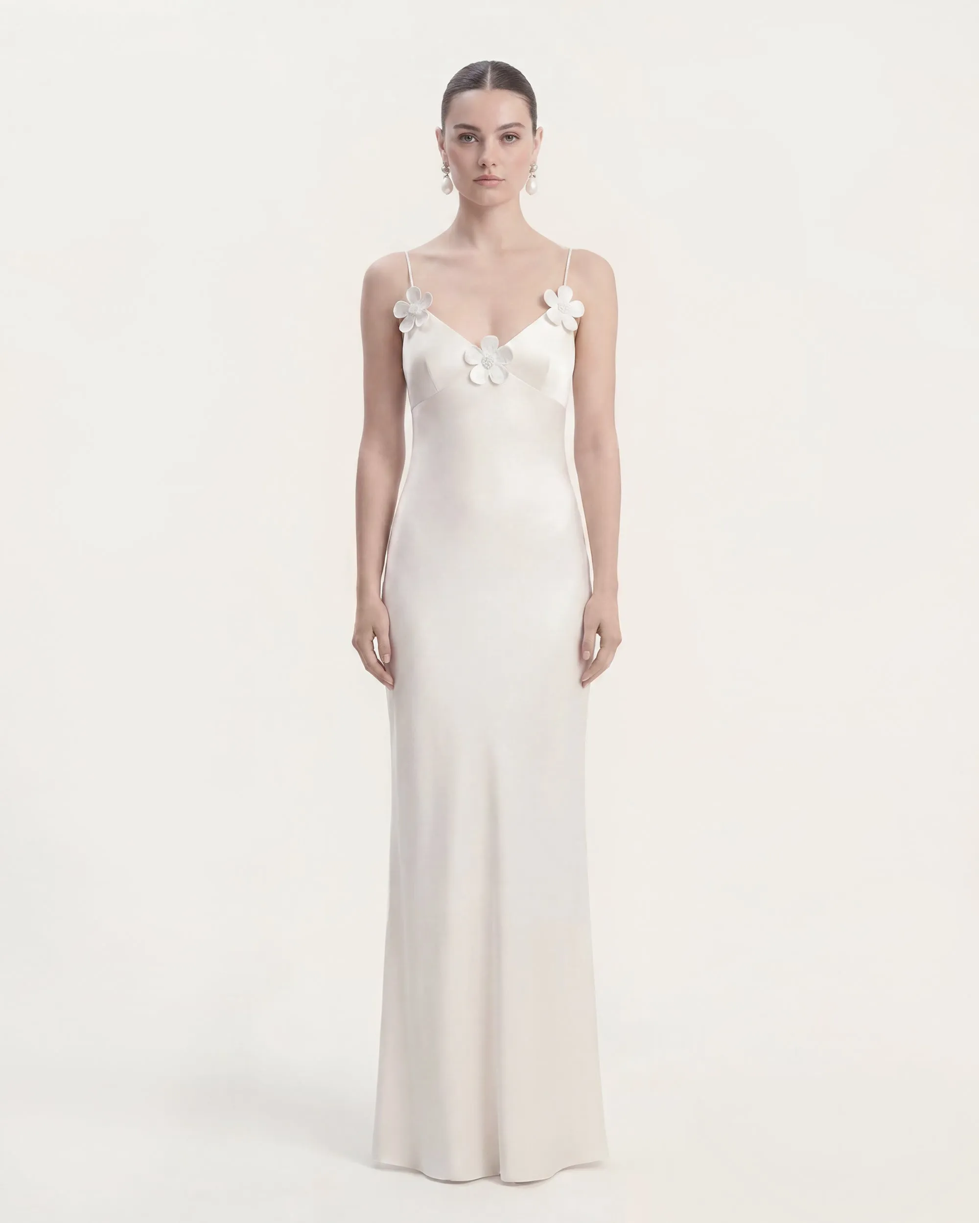 Floral Appliqué Open Back Slip Maxi Dress - White sold by JW PEI