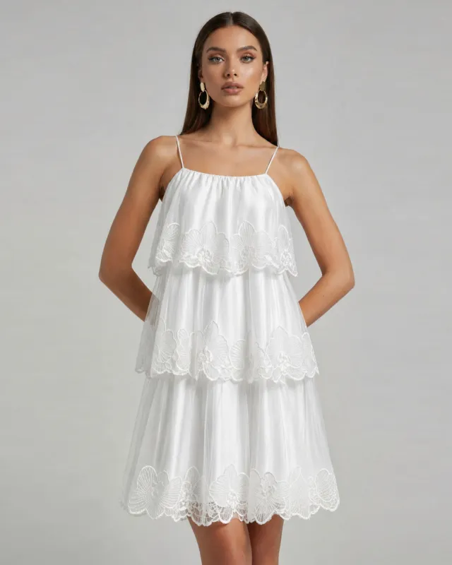 Orchid Embroidered Tiered Tulle Midi Dress - White made by JW PEI