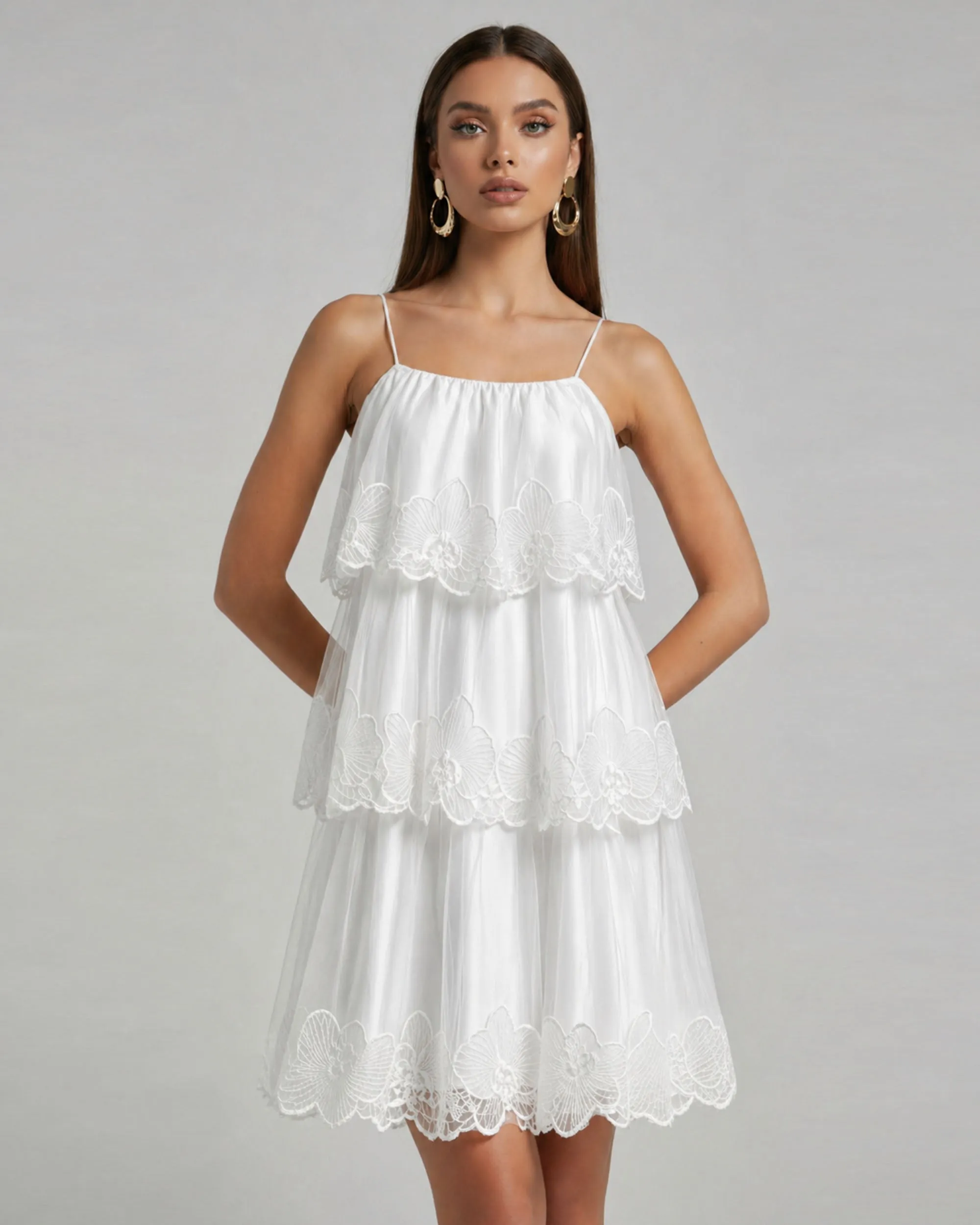 Orchid Embroidered Tiered Tulle Midi Dress - White sold by JW PEI