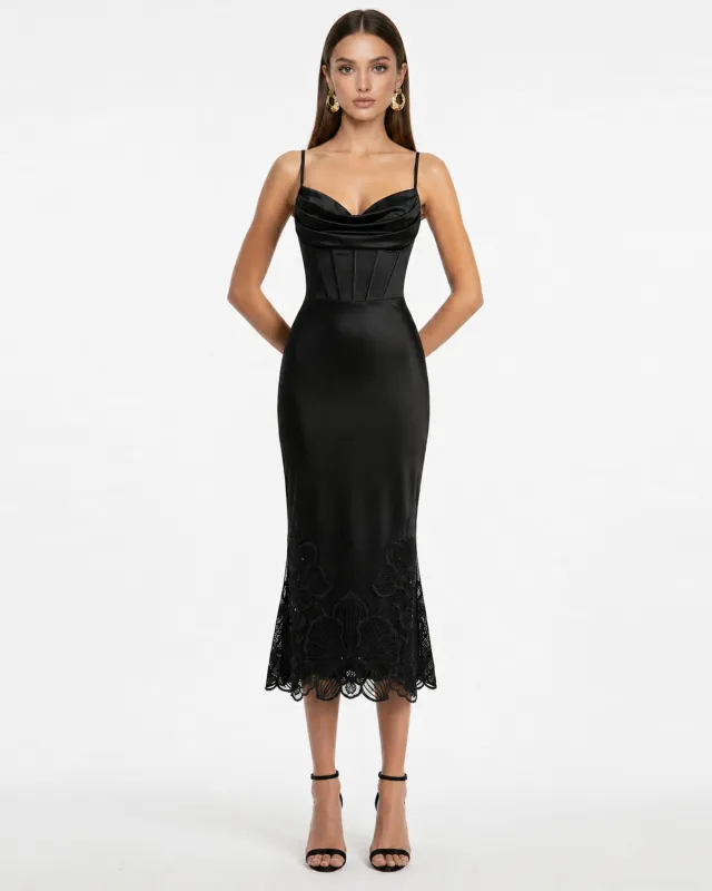Orchid Embroidered Draped Corset Midi Dress - Black made by JW PEI