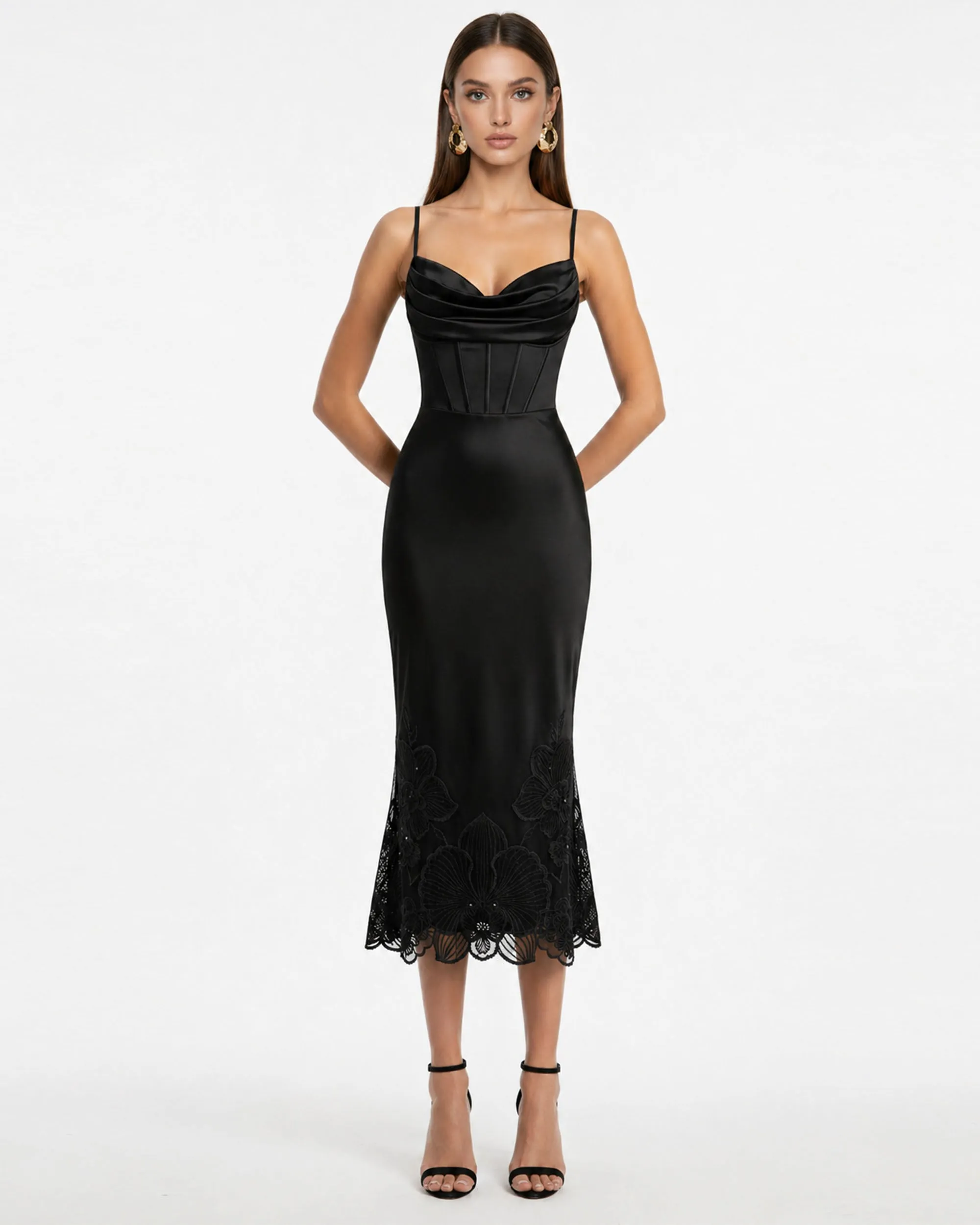 Orchid Embroidered Draped Corset Midi Dress - Black sold by JW PEI