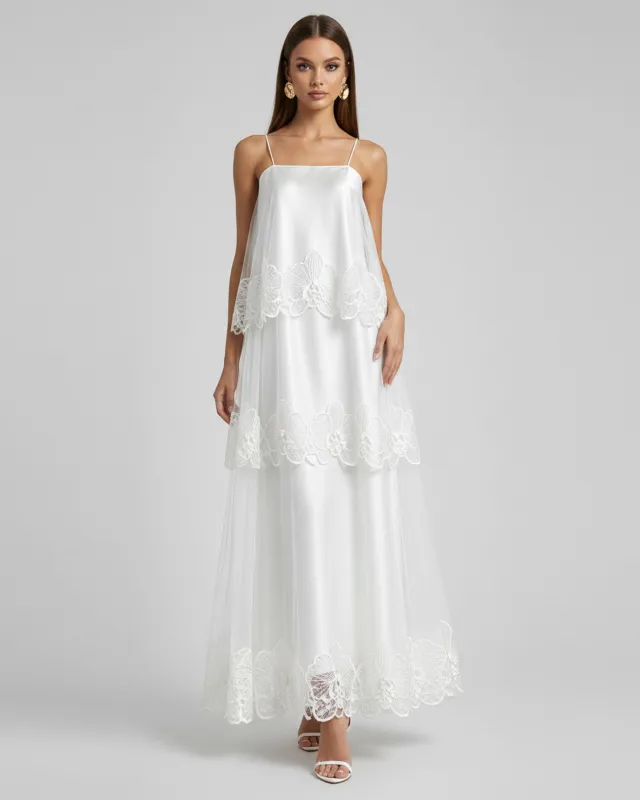 Orchid Embroidered Tiered Tulle Maxi Dress - White made by JW PEI