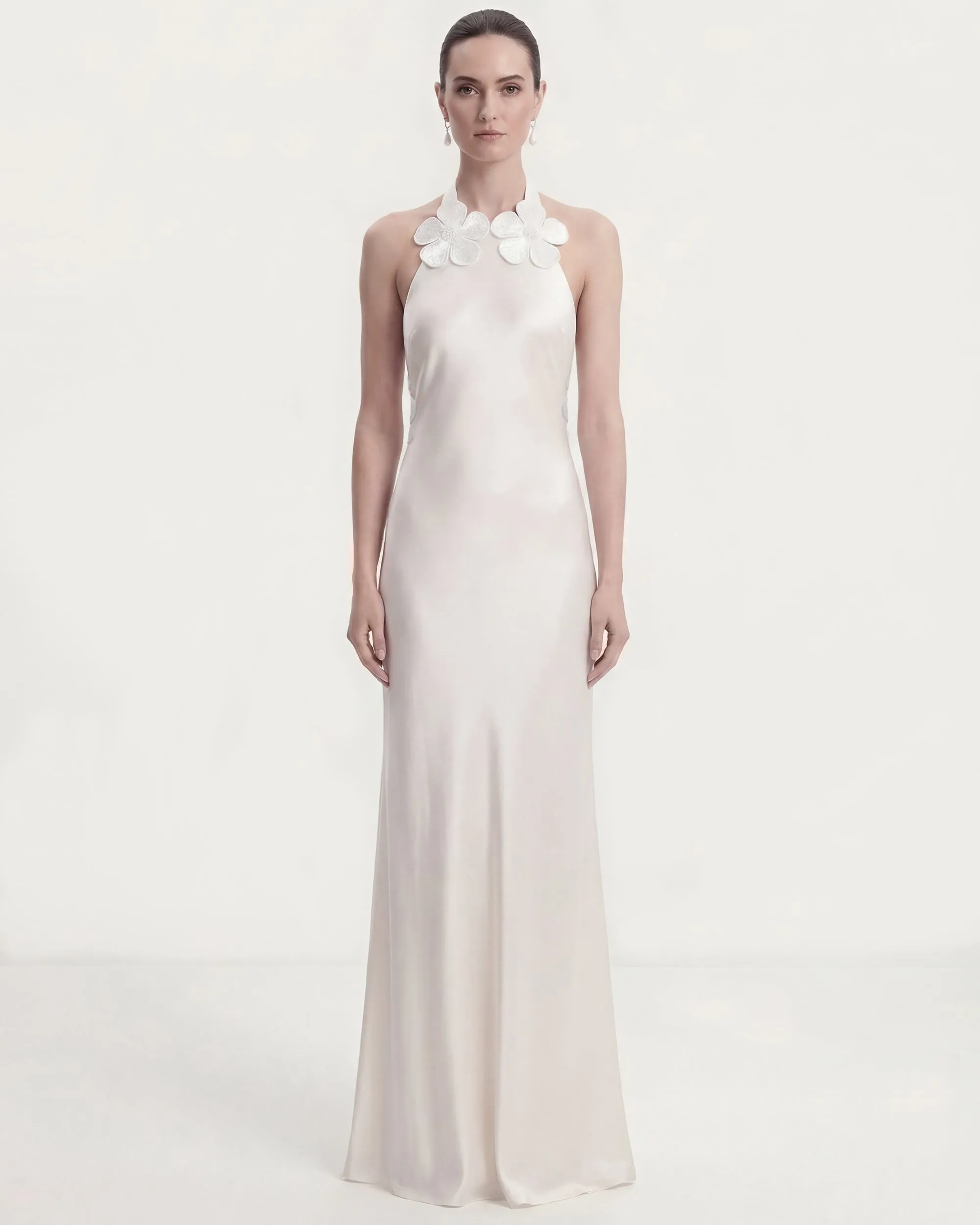 Floral Appliqué Halter Open Back Long Dress - White sold by JW PEI product image thumbnail 2