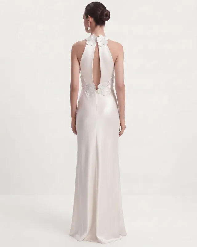 Floral Appliqué Halter Open Back Long Dress - White made by JW PEI