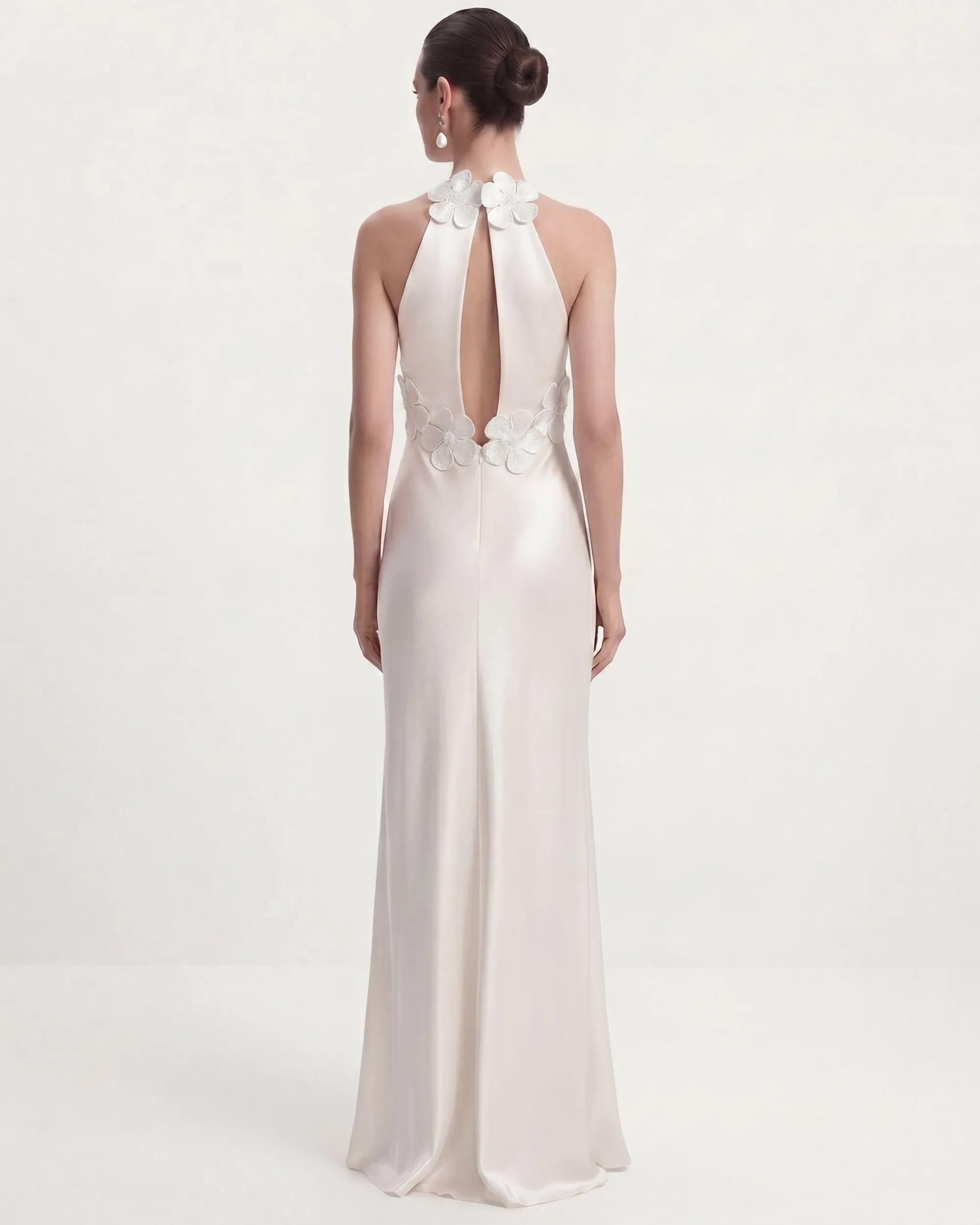 Floral Appliqué Halter Open Back Long Dress - White sold by JW PEI