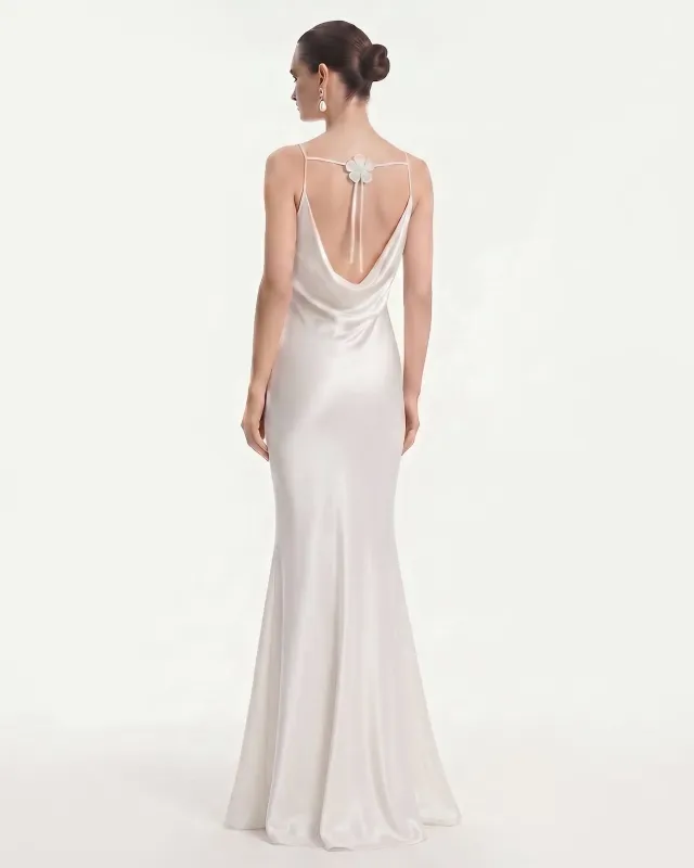 Floral Appliqué Cowl Back Long Dress - White made by JW PEI