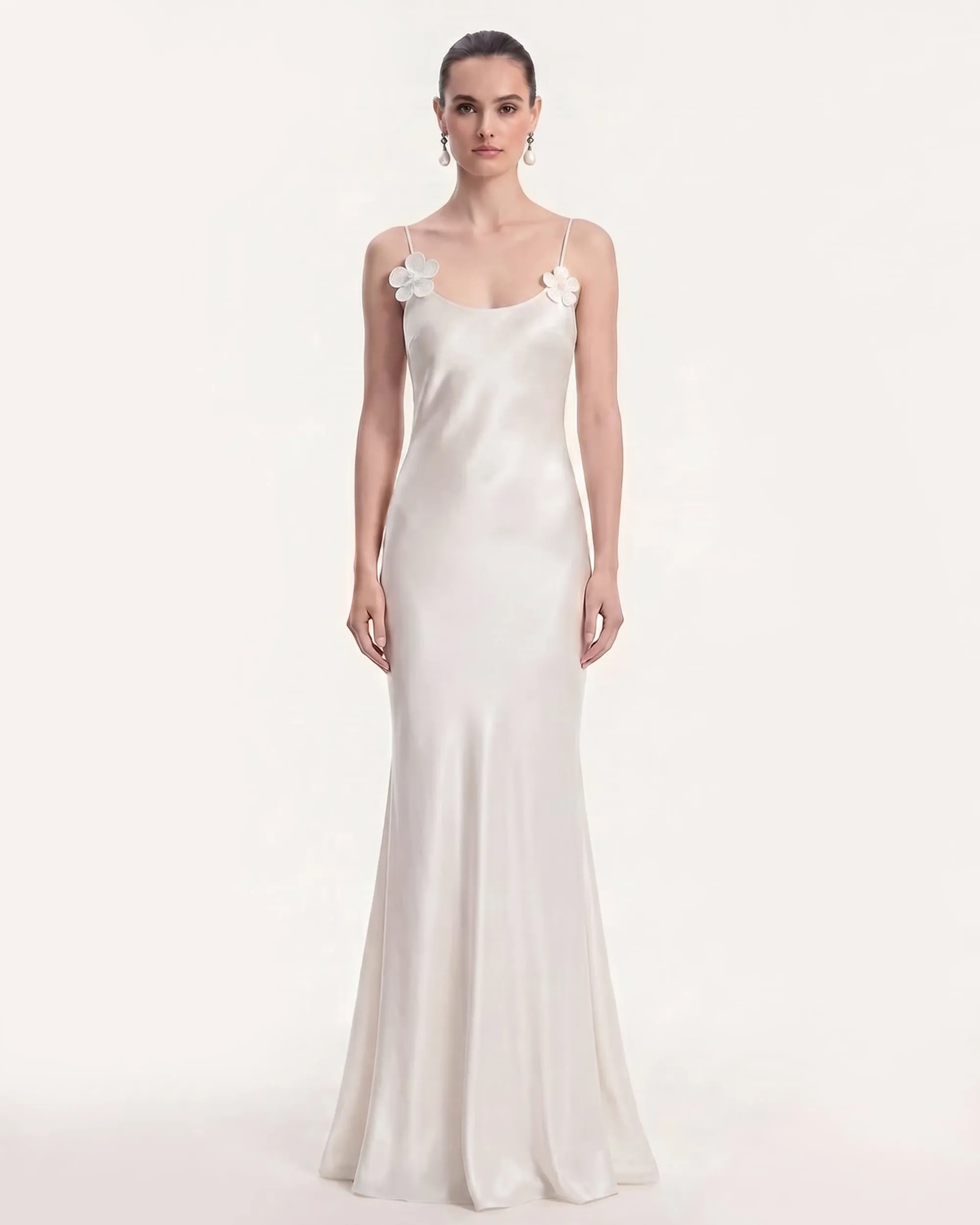 Floral Appliqué Cowl Back Long Dress - White sold by JW PEI product image thumbnail 2