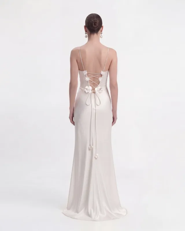 Floral Appliqué Lace-Up Back Long Dress - White made by JW PEI