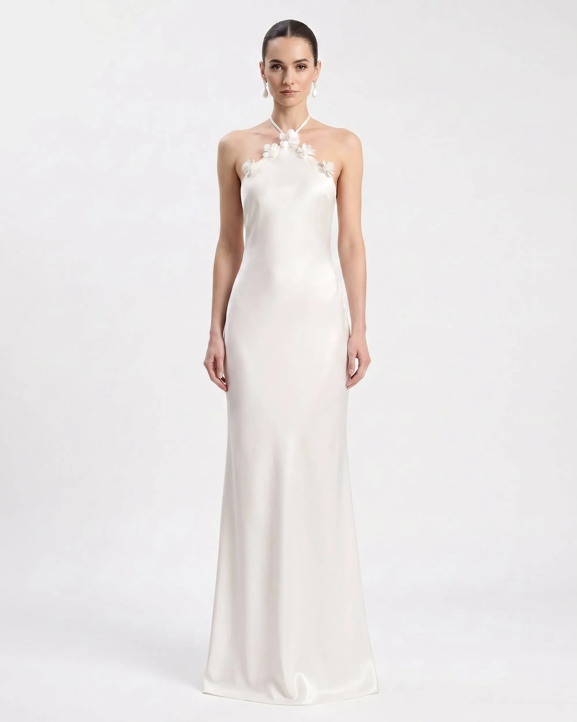 Floral Appliqué Backless Halter Long Dress - White sold by JW PEI product image thumbnail 2