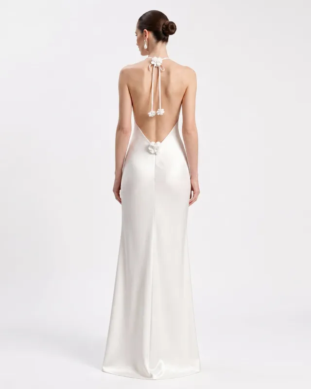 Floral Appliqué Backless Halter Long Dress - White made by JW PEI