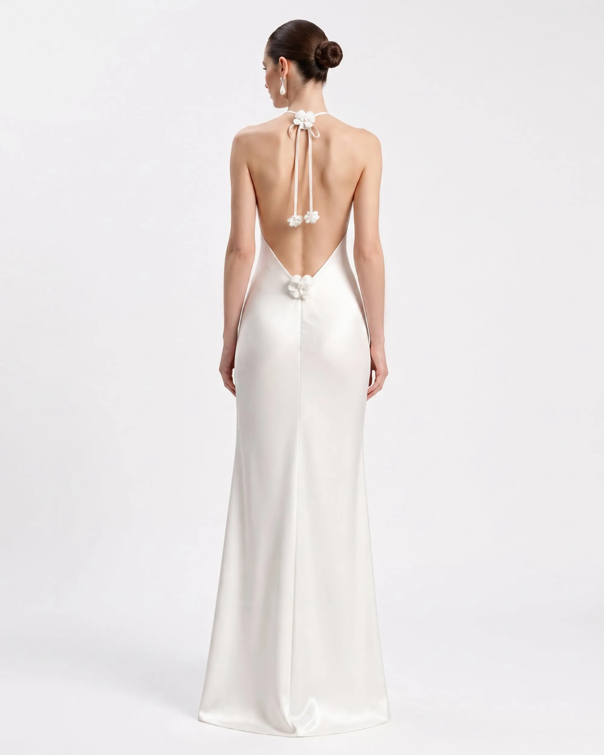 Floral Appliqué Backless Halter Long Dress - White sold by JW PEI