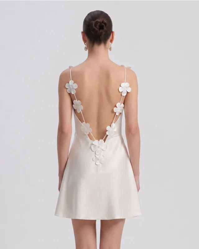 Floral Appliqué Open Back Mini Dress - White made by JW PEI