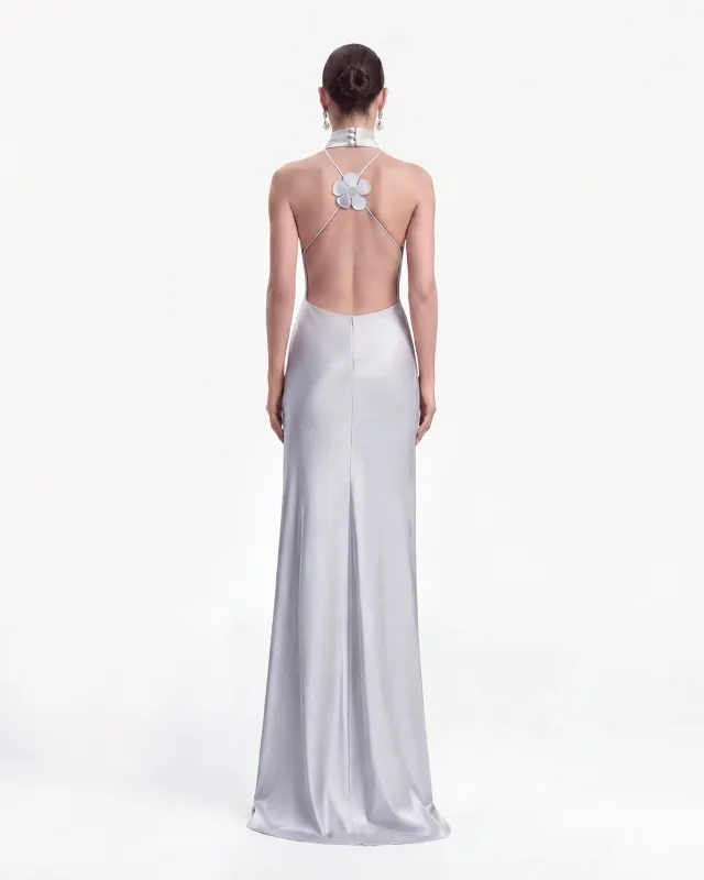 Floral Appliqué Cross Back Halter Long Dress - Gray Blue made by JW PEI