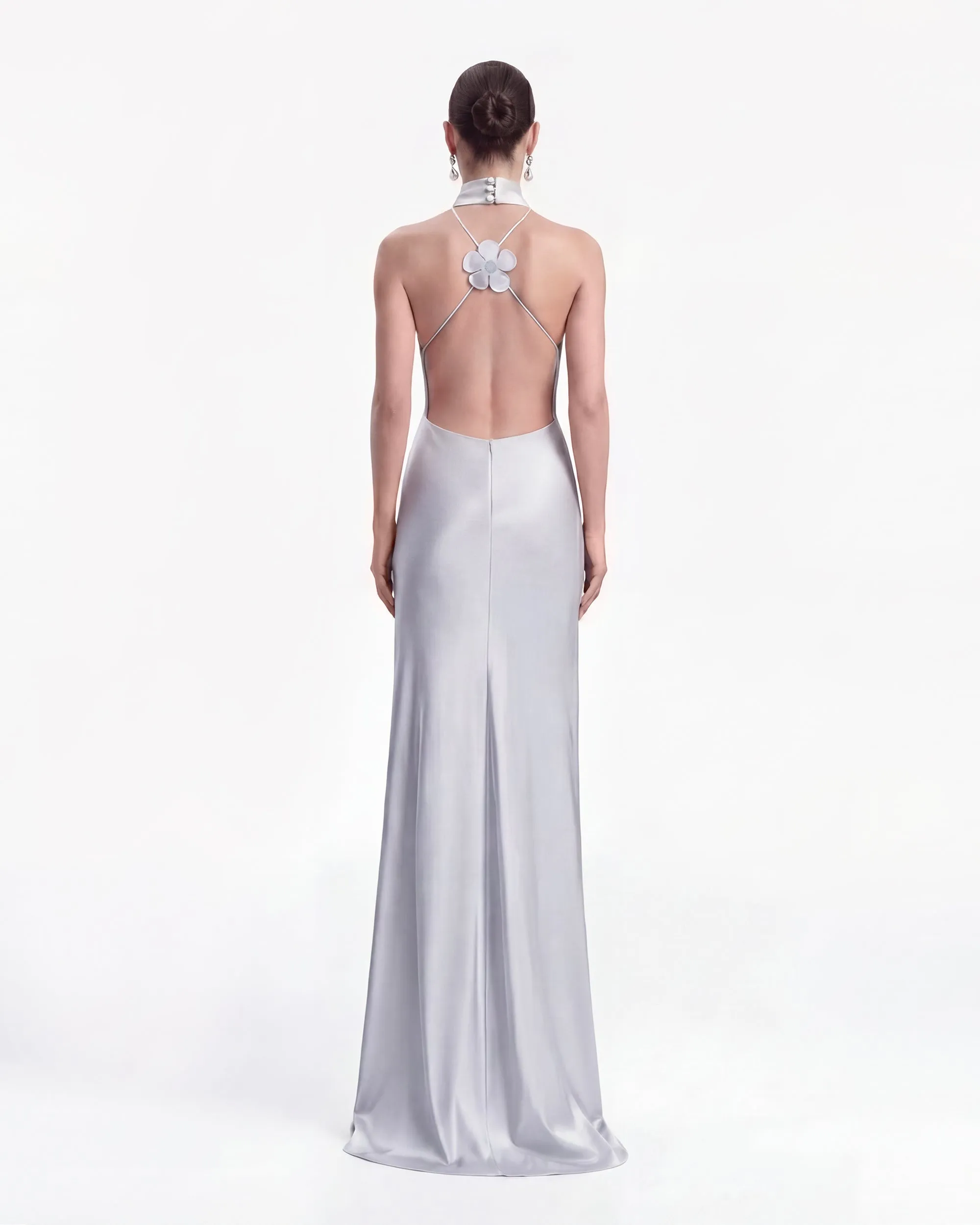 Floral Appliqué Cross Back Halter Long Dress - Gray Blue sold by JW PEI