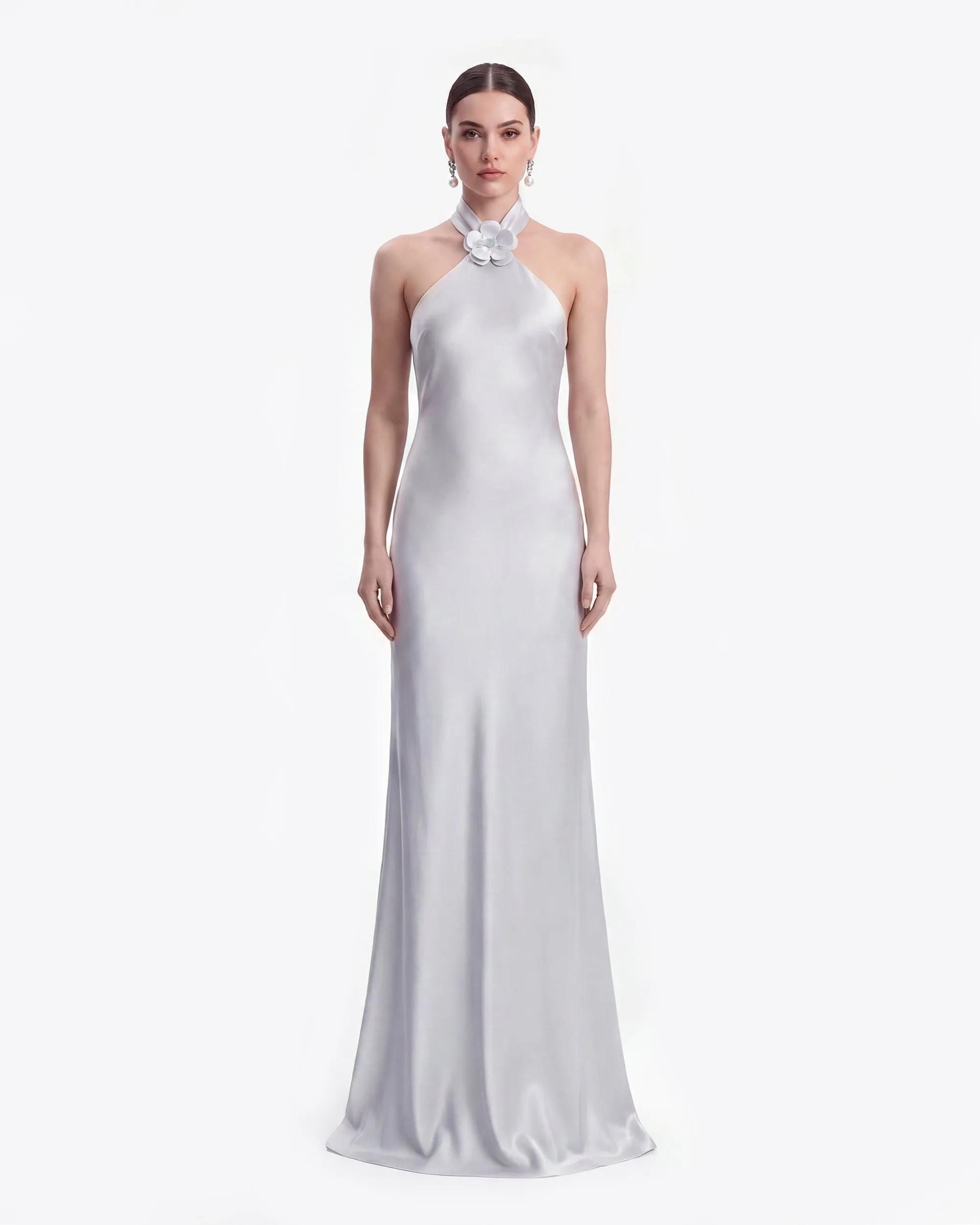 Floral Appliqué Cross Back Halter Long Dress - Gray Blue sold by JW PEI product image thumbnail 2