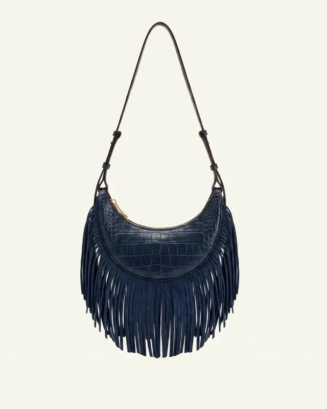 Riley Croc-Embossed Faux Suede Fringe Crescent Bag - Navy made by JW PEI