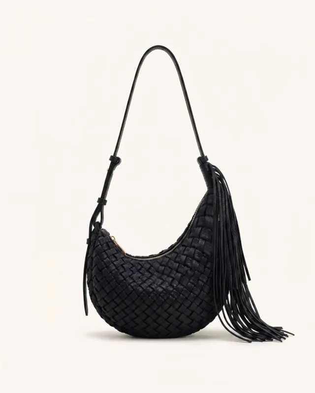 Sasha Woven Crescent Fringe Crossbody Bag - Black made by JW PEI