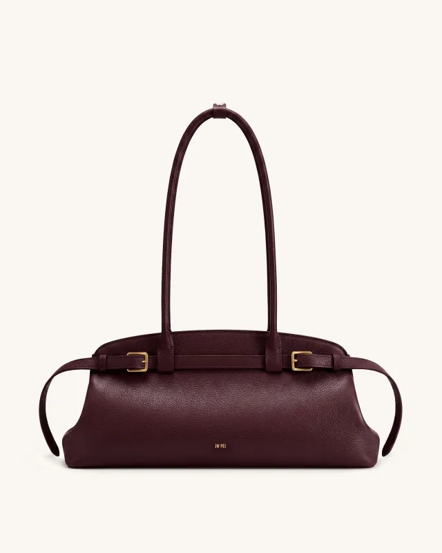 Arden Pebbled Belt Detail East-West Shoulder Bag - Burgundy made by JW PEI