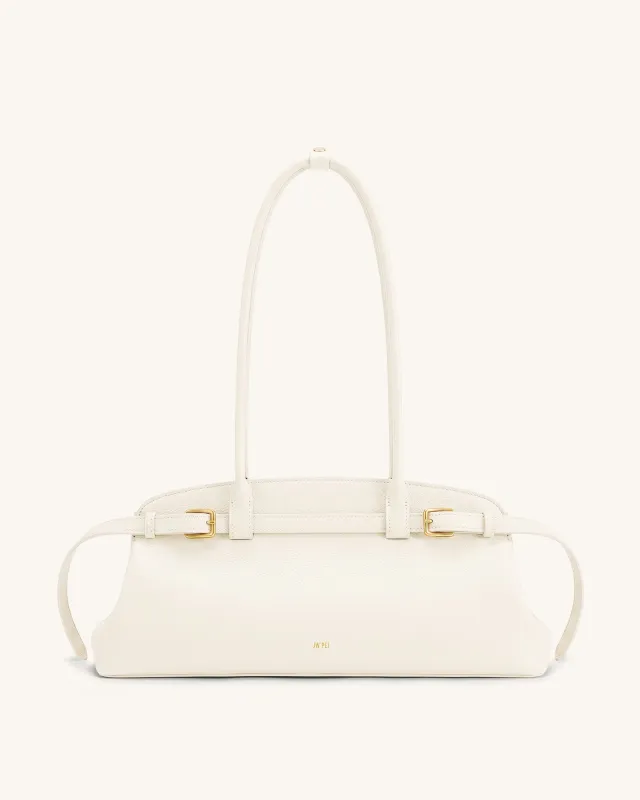 Arden Pebbled Belt Detail East-West Shoulder Bag - Cream made by JW PEI