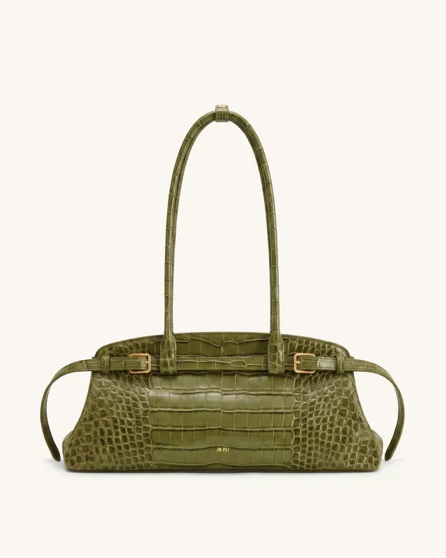 Arden Belt Detail East-West Shoulder Bag - Olive Croc made by JW PEI