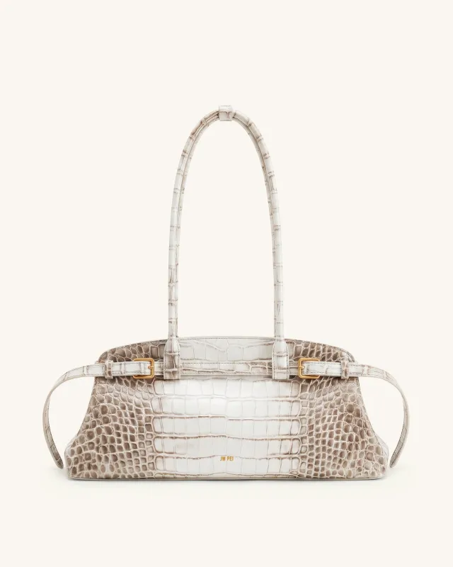 Arden Belt Detail East-West Shoulder Bag - Ivory Croc made by JW PEI