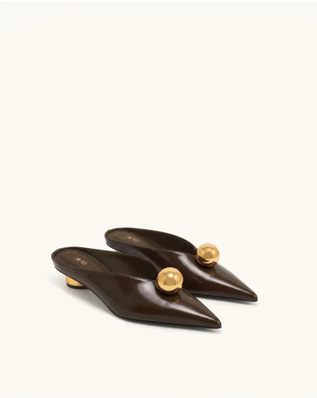 Helena Gold Sphere Pointed Toe Mules - Dark Brown made by JW PEI