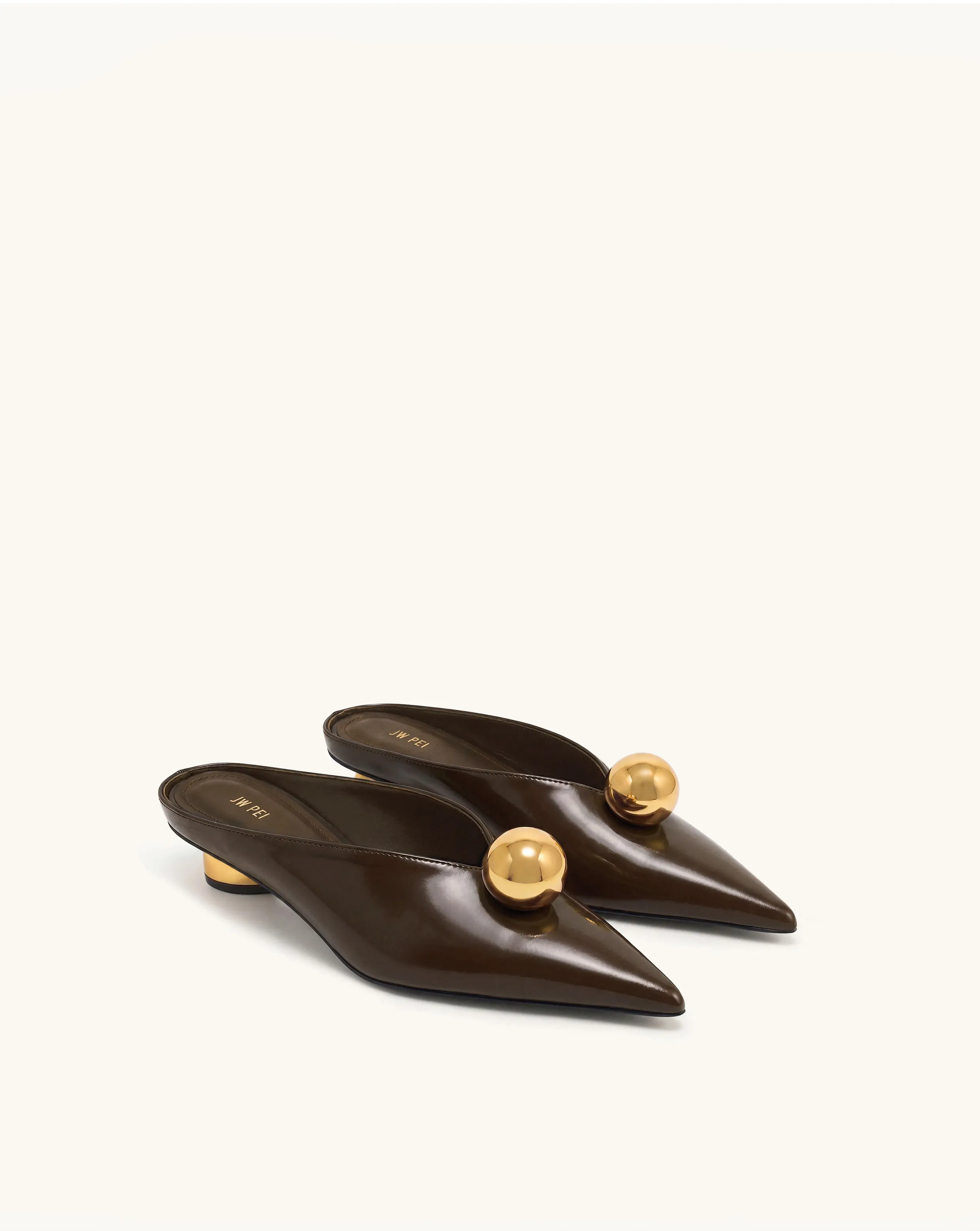 Helena Gold Sphere Pointed Toe Mules - Dark Brown sold by JW PEI