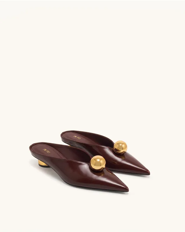 Helena Gold Sphere Pointed Toe Mules - Burgundy made by JW PEI