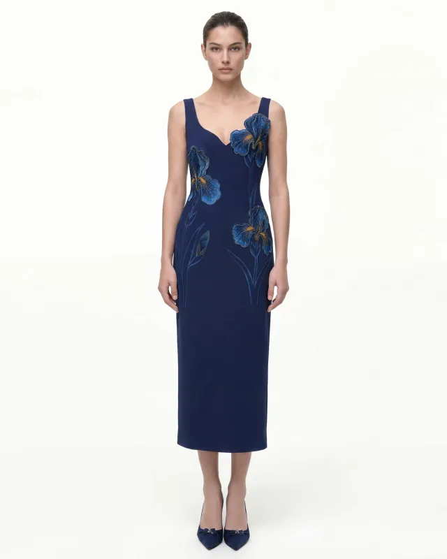 Iris Embroidered Wide Strap Midi Dress - Navy Blue made by JW PEI