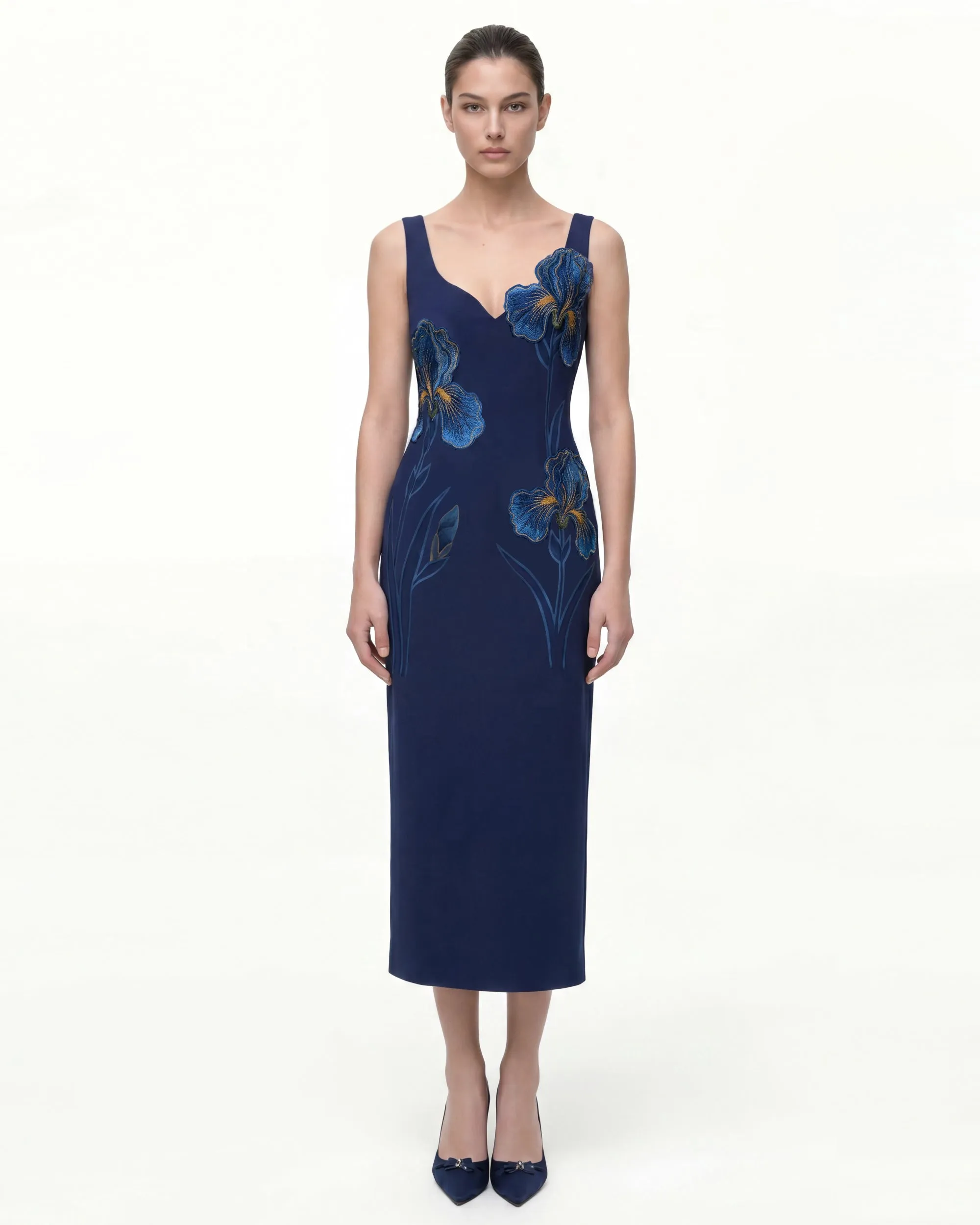 Iris Embroidered Wide Strap Midi Dress - Navy Blue sold by JW PEI