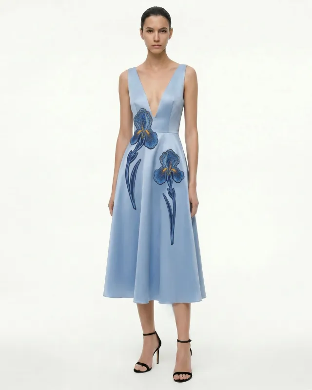 Iris Embroidered Deep V A-Line Midi Dress - Light Blue made by JW PEI