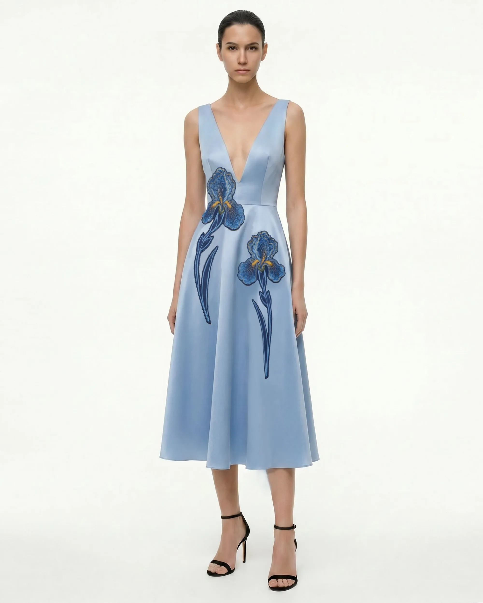 Iris Embroidered Deep V A-Line Midi Dress - Light Blue sold by JW PEI