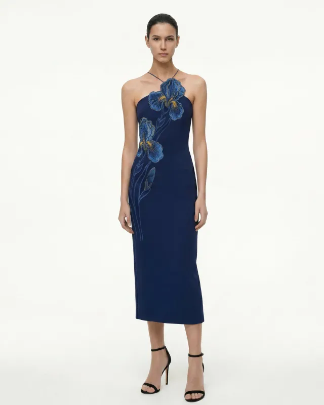 Iris Embroidered Halter Midi Dress - Navy Blue made by JW PEI
