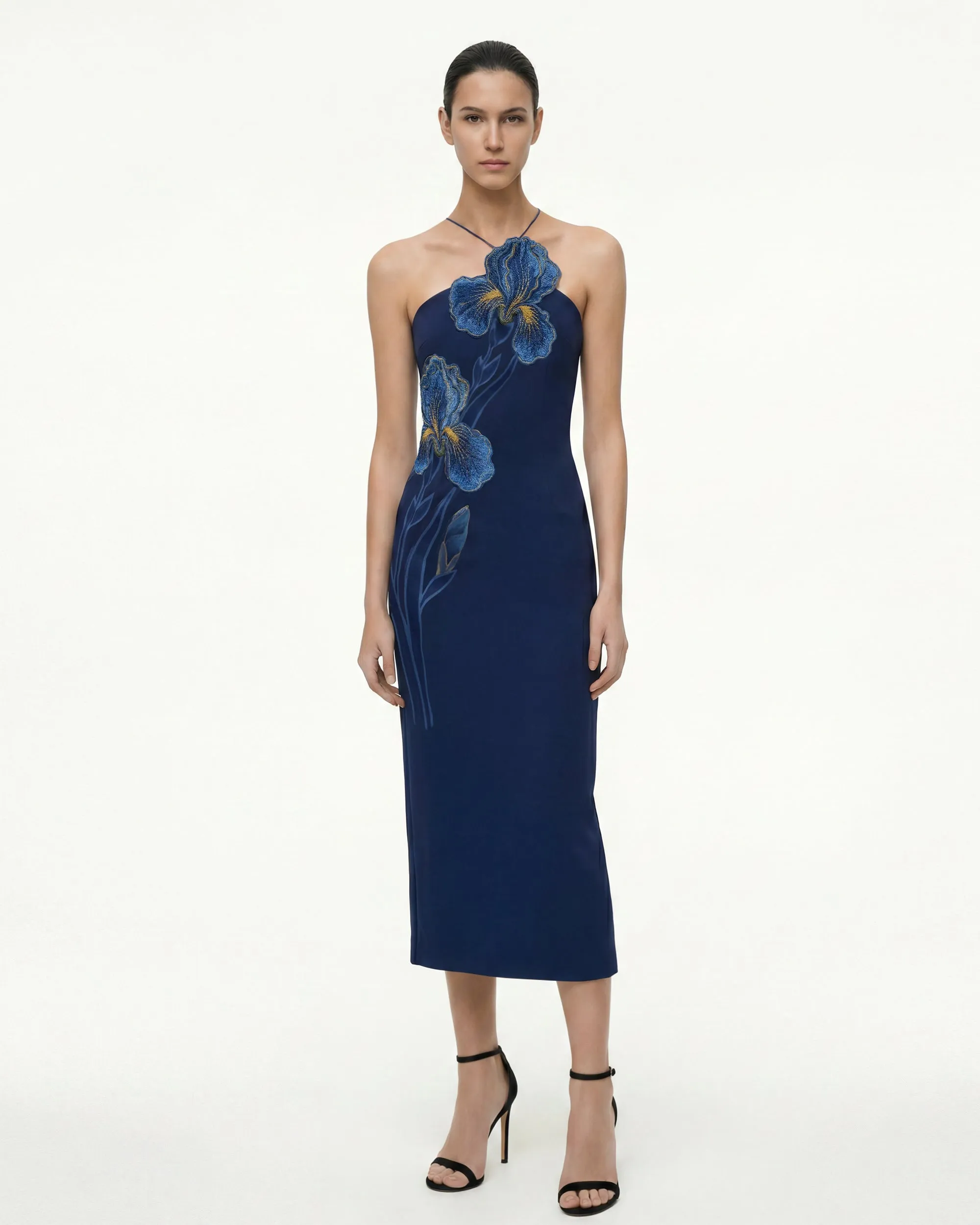 Iris Embroidered Halter Midi Dress - Navy Blue sold by JW PEI