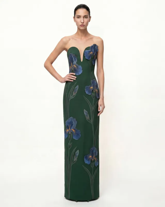 Iris Embroidered Notch Neck Strapless Maxi Dress - Emerald Green made by JW PEI