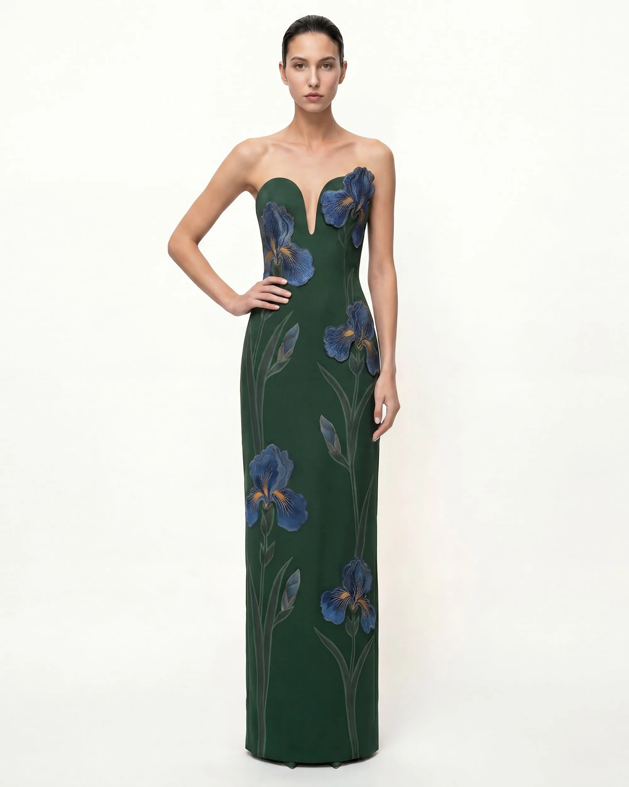 Iris Embroidered Notch Neck Strapless Maxi Dress - Emerald Green sold by JW PEI