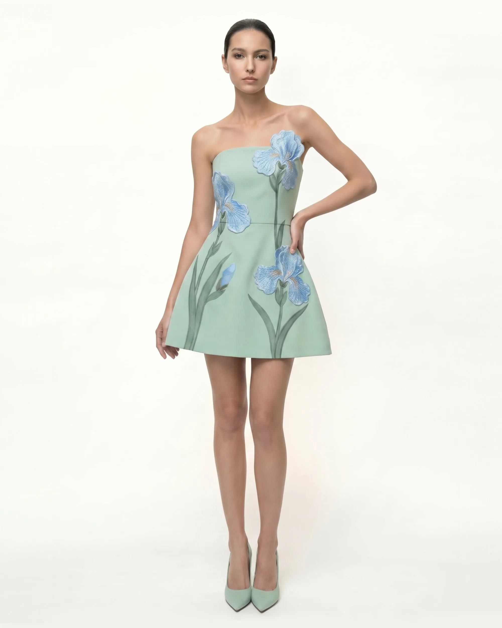 Iris Embroidered Strapless A-Line Mini Dress - Sage Green sold by JW PEI