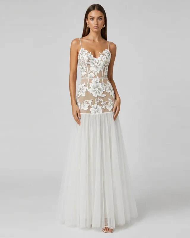Floral Appliqué Sheer Tulle Maxi Dress - White made by JW PEI