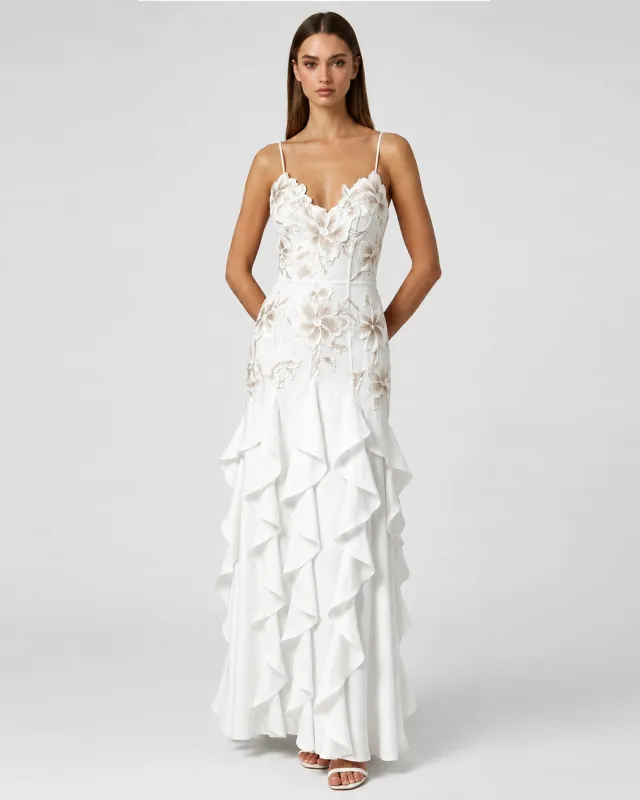 Floral Appliqué Ruffle Maxi Dress - White made by JW PEI