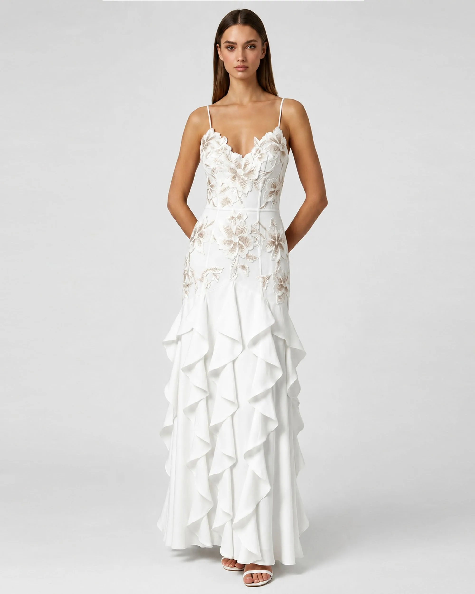 Floral Appliqué Ruffle Maxi Dress - White sold by JW PEI