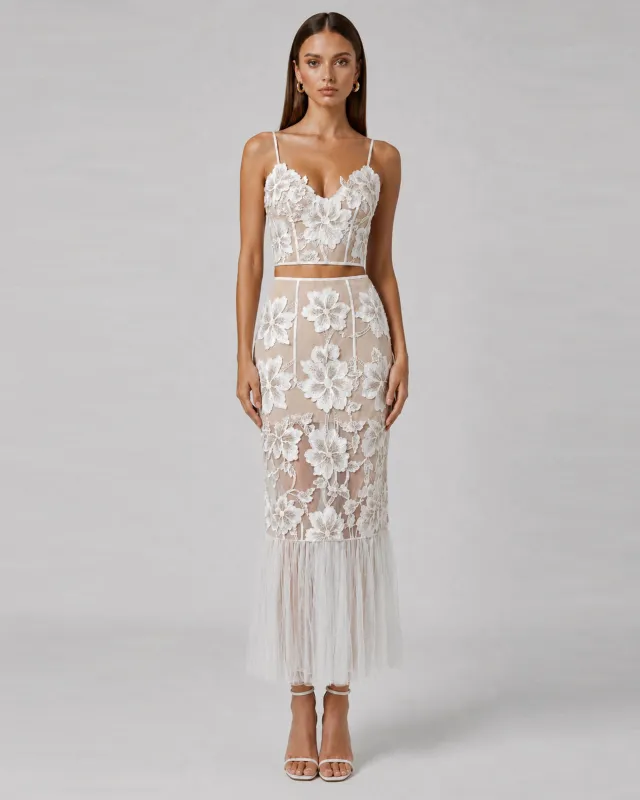 Floral Appliqué Sheer 
Corset Top - White made by JW PEI