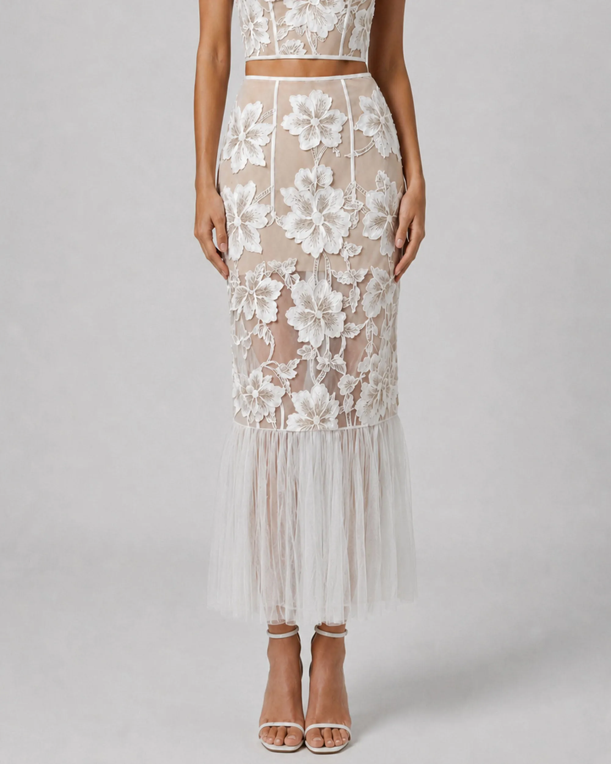 Floral Appliqué Sheer Tulle Midi Skirt - White sold by JW PEI product image thumbnail 2