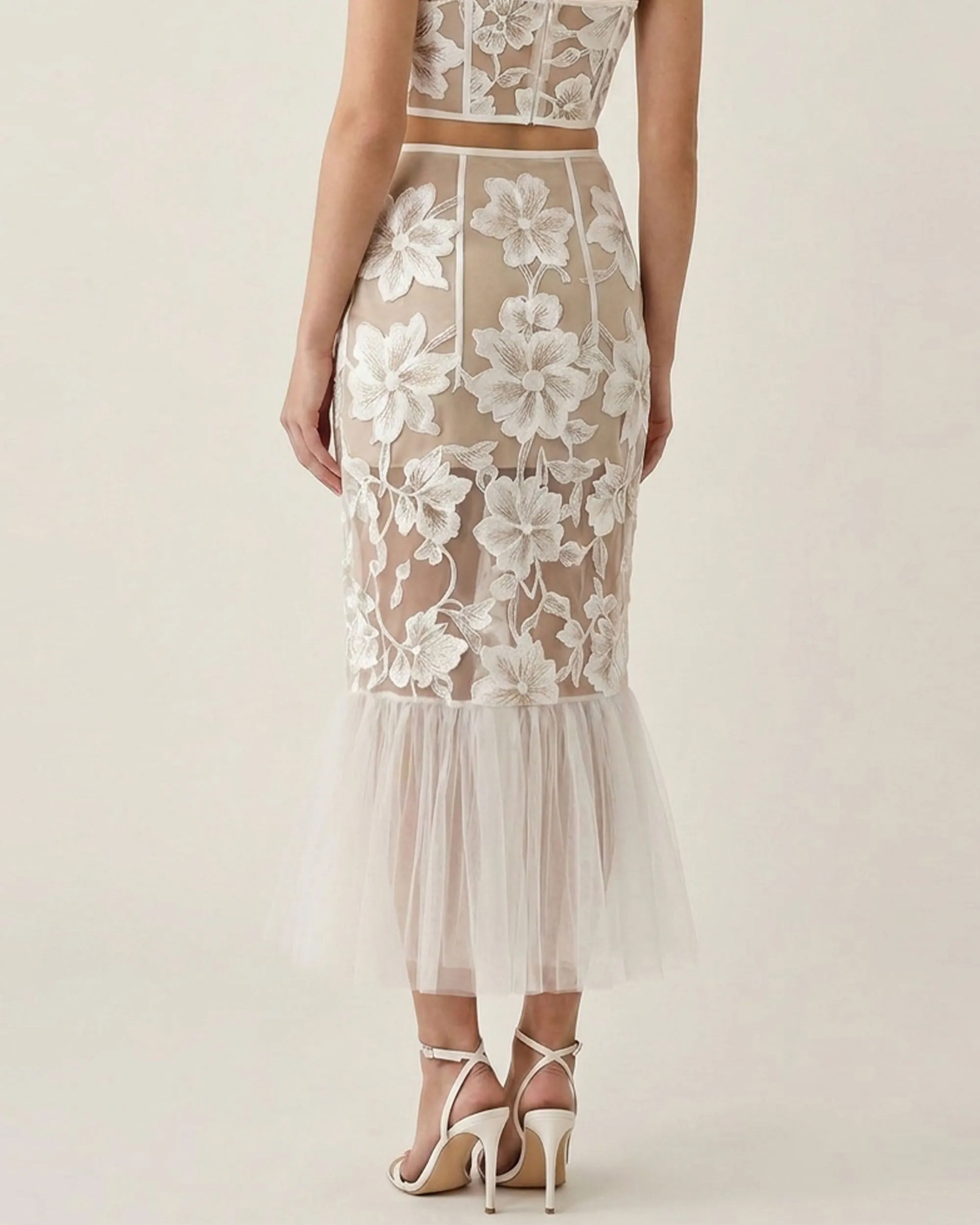 Floral Appliqué Sheer Tulle Midi Skirt - White sold by JW PEI product image thumbnail 4