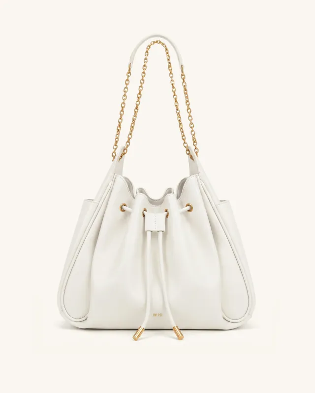 Rowan Ruched Drawstring Chain Bucket Bag - Ivory made by JW PEI
