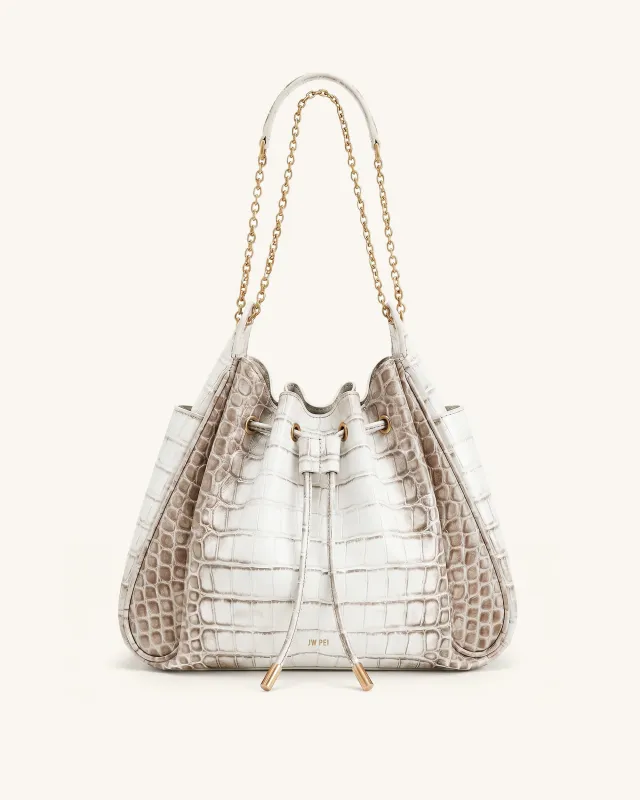 Rowan Ruched Drawstring Chain Bucket Bag - White Croc made by JW PEI