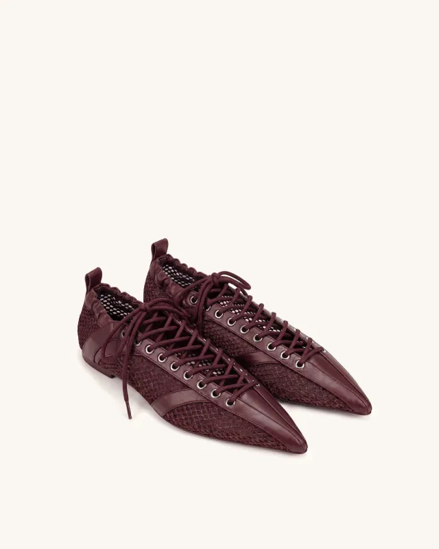 Ava Lace-Up Mesh Flats - Burgundy made by JW PEI