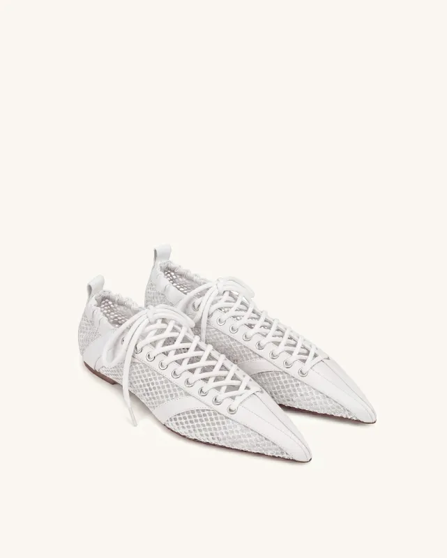 Ava Lace-Up Mesh Flats - White made by JW PEI