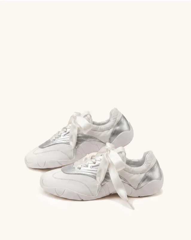 Flavia Ribbon Lace Ballerina Sneakers - White Silver made by JW PEI