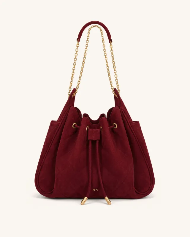 Rowan Faux Suede Quilted Chain Bucket Bag - Dark Red made by JW PEI