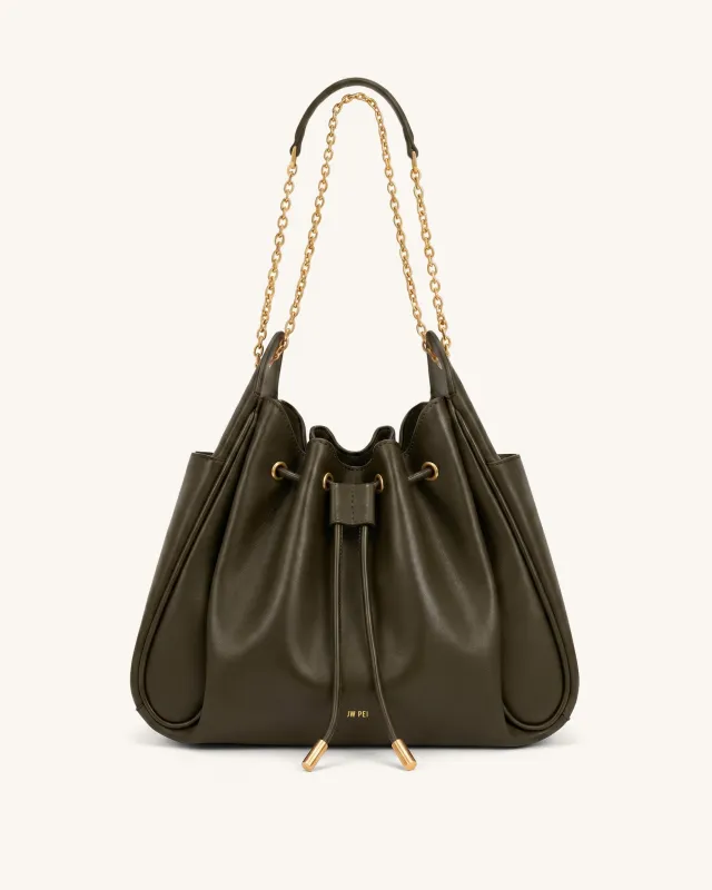 Rowan Ruched Drawstring Chain Bucket Bag - Dark Green made by JW PEI